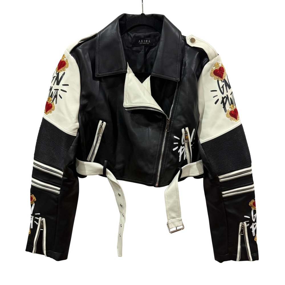 Akira Black White Graphic Faux Leather Cropped Moto Jacket Sequined Heart M